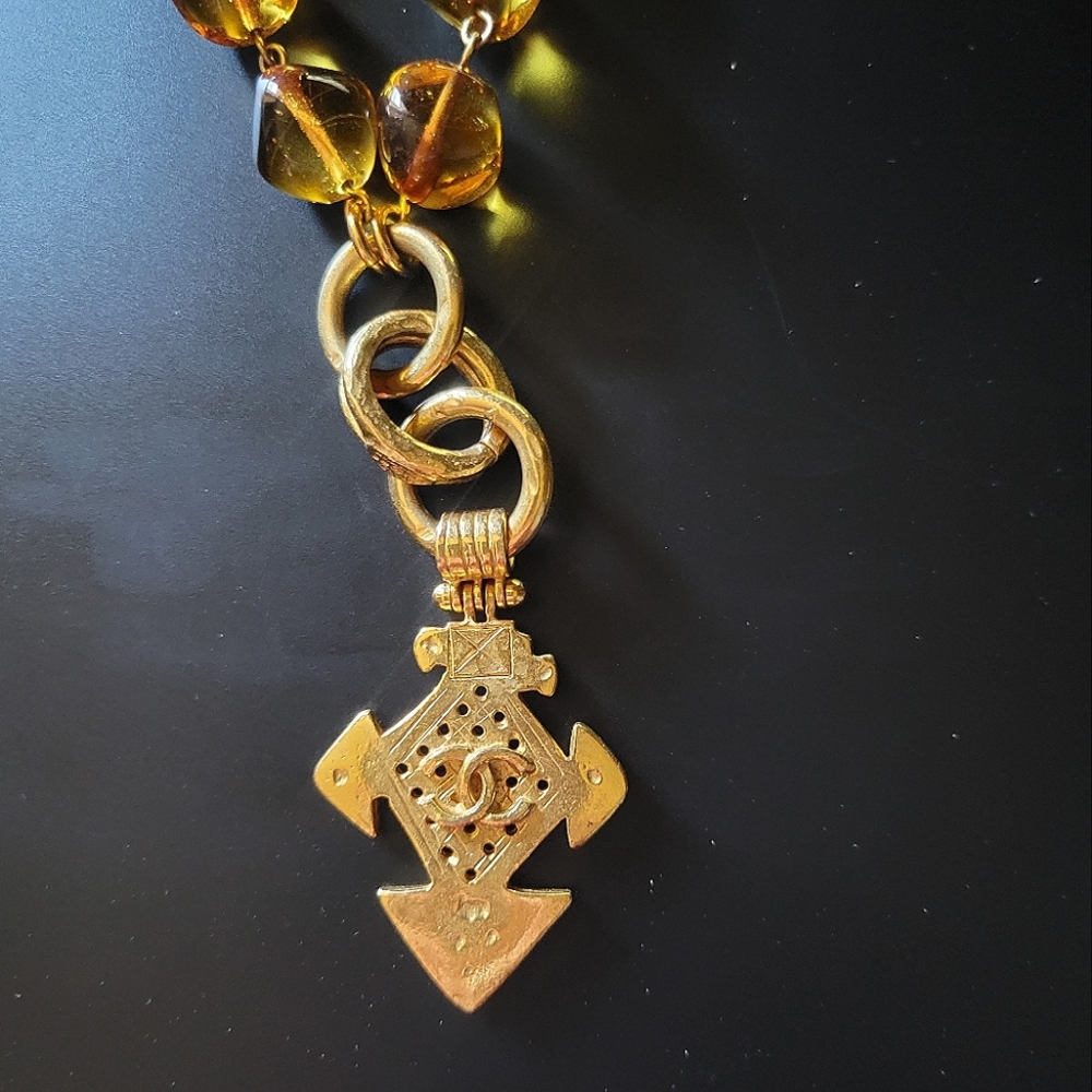 CHANEL Gold Geometric Necklace with Crystal Accents